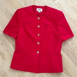 Vintage Emily Petite Red Short Sleeve Blazer – Gold Button Front – Size Small